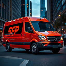 An eye-catching orange blind van car, designed for secure transportation, prominently featuring the bold text "SPX EXPRESS" in striking contrast against the vibrant orange