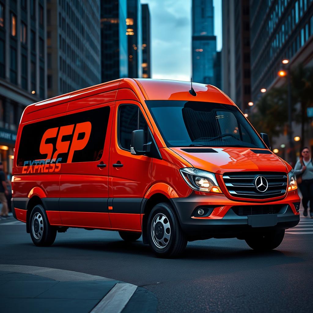 An eye-catching orange blind van car, designed for secure transportation, prominently featuring the bold text "SPX EXPRESS" in striking contrast against the vibrant orange