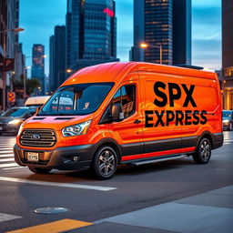 An eye-catching orange blind van car, designed for secure transportation, prominently featuring the bold text "SPX EXPRESS" in striking contrast against the vibrant orange