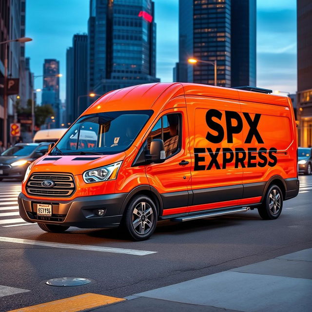 An eye-catching orange blind van car, designed for secure transportation, prominently featuring the bold text "SPX EXPRESS" in striking contrast against the vibrant orange