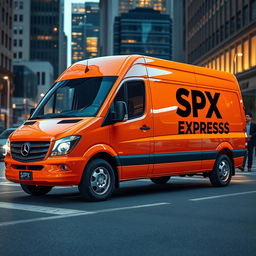 An eye-catching orange blind van car, designed for secure transportation, prominently featuring the bold text "SPX EXPRESS" in striking contrast against the vibrant orange