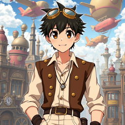 A 17-year-old anime male character with large, expressive eyes and a bright, welcoming smile, dressed in stylish steampunk clothing
