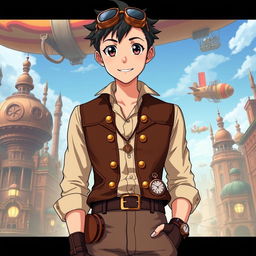 A 17-year-old anime male character with large, expressive eyes and a bright, welcoming smile, dressed in stylish steampunk clothing