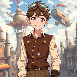 A 17-year-old anime male character with large, expressive eyes and a bright, welcoming smile, dressed in stylish steampunk clothing