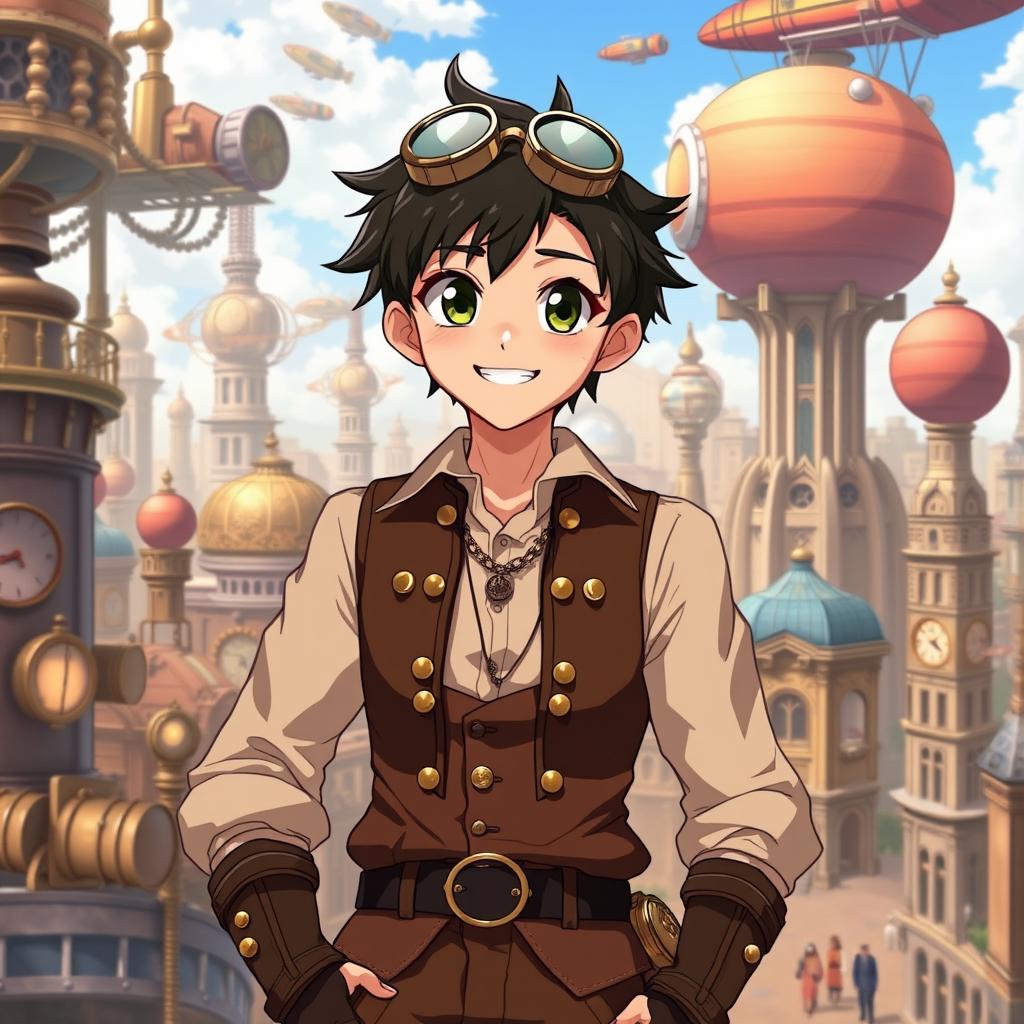 A 17-year-old anime male character with large, expressive eyes and a bright, welcoming smile, dressed in stylish steampunk clothing