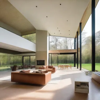 The modern house had large windows and open spaces, giving it an aeriform feel with plenty of natural light and openness.