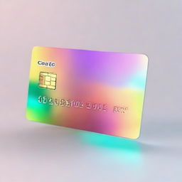 A shiny, new credit card, lying flat on a surface. The card prominently displays a chip, logo, and hologram but has blank spaces where sensitive information would typically be.