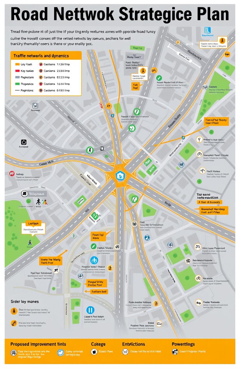 A detailed infographic illustrating a comprehensive road network strategic plan, showing interconnected roads and highways in a dynamic city layout