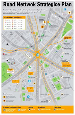 A detailed infographic illustrating a comprehensive road network strategic plan, showing interconnected roads and highways in a dynamic city layout