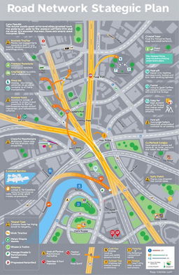 A detailed infographic illustrating a comprehensive road network strategic plan, showing interconnected roads and highways in a dynamic city layout