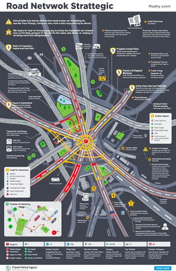 A detailed infographic illustrating a comprehensive road network strategic plan, showing interconnected roads and highways in a dynamic city layout