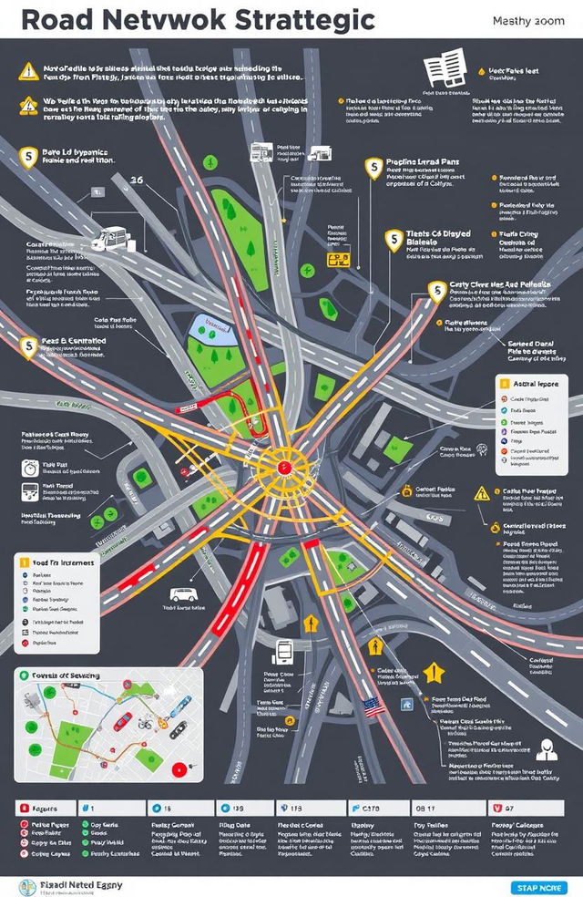 A detailed infographic illustrating a comprehensive road network strategic plan, showing interconnected roads and highways in a dynamic city layout