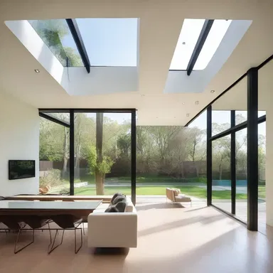 The modern house had large windows and open spaces, giving it an aeriform feel with plenty of natural light and openness.
