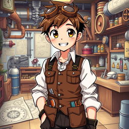 A 17-year-old anime male character with large, expressive eyes and a bright smile, dressed in fashionable steampunk clothing