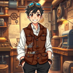 A 17-year-old anime male character with large, expressive eyes and a bright smile, dressed in fashionable steampunk clothing