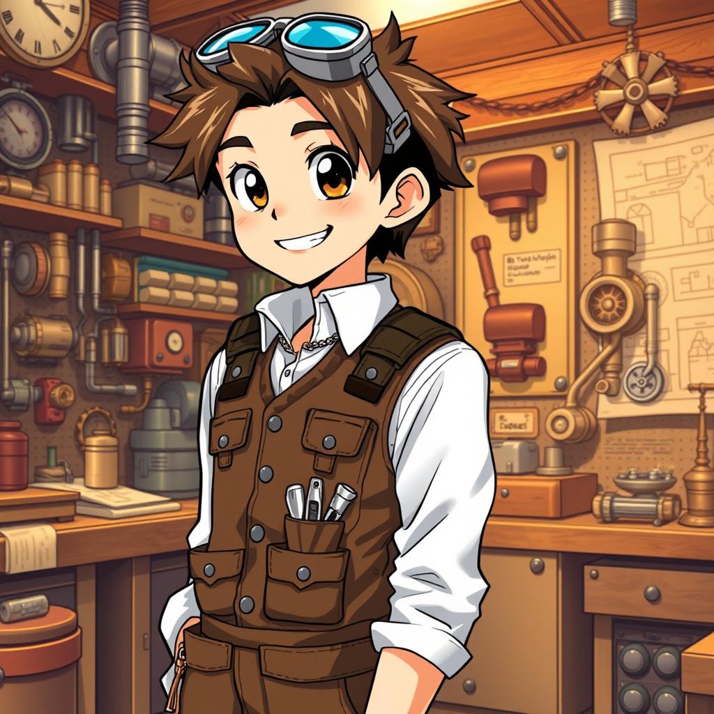A 17-year-old anime male character with large, expressive eyes and a bright smile, dressed in fashionable steampunk clothing