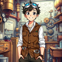 A 17-year-old anime male character with large, expressive eyes and a bright smile, dressed in fashionable steampunk clothing