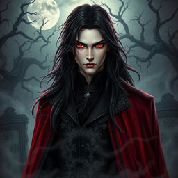 A hauntingly beautiful vampire character design for a gothic novel cover