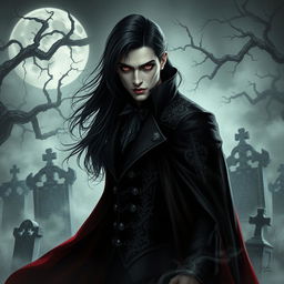 A hauntingly beautiful vampire character design for a gothic novel cover