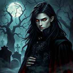 A hauntingly beautiful vampire character design for a gothic novel cover
