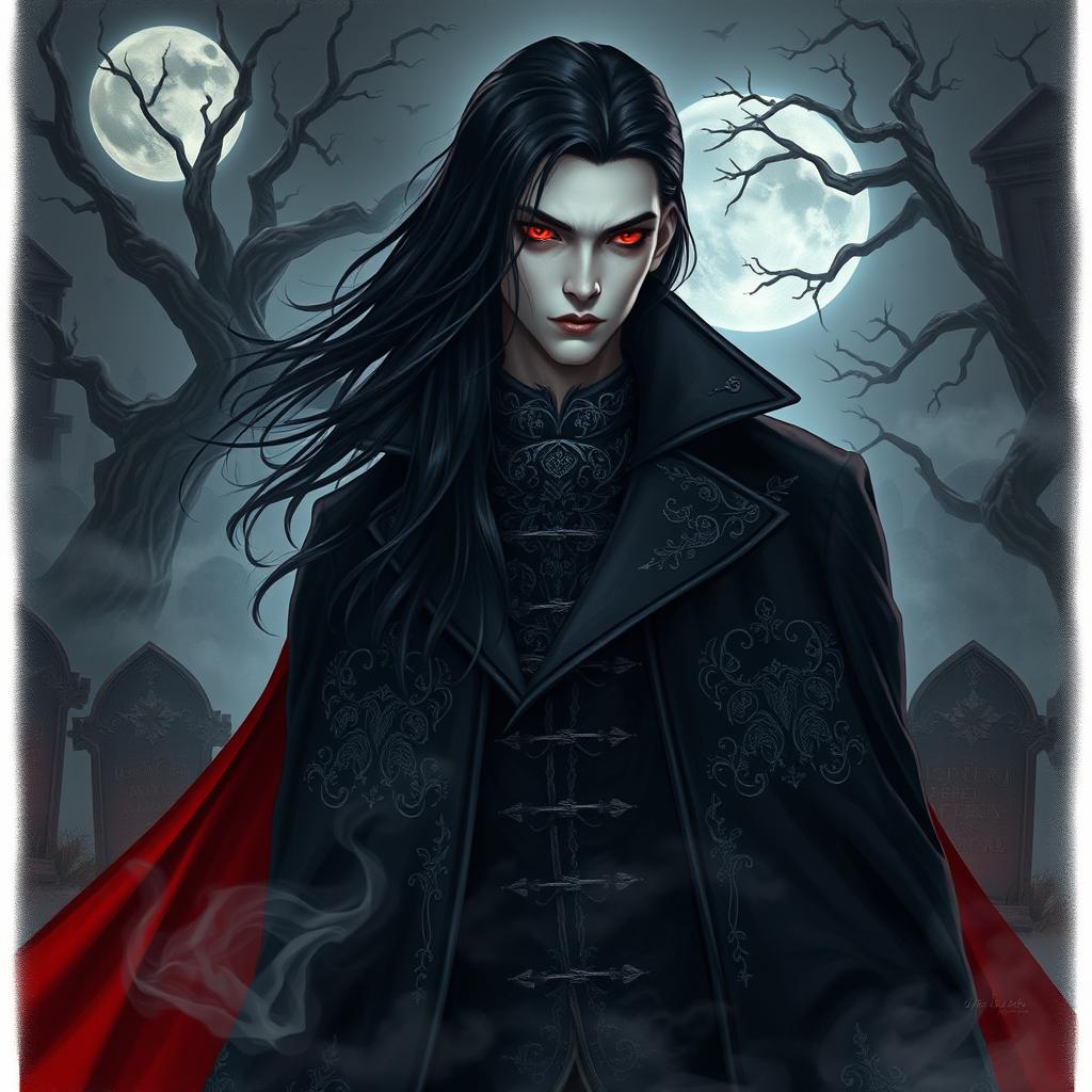 A hauntingly beautiful vampire character design for a gothic novel cover