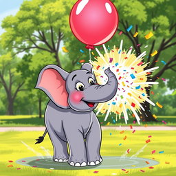 A colorful and vibrant illustration of an elephant popping a balloon with its trunk
