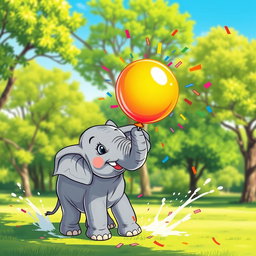 A colorful and vibrant illustration of an elephant popping a balloon with its trunk