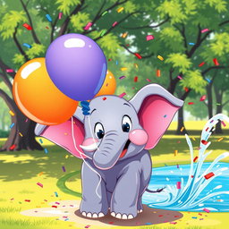 A colorful and vibrant illustration of an elephant popping a balloon with its trunk