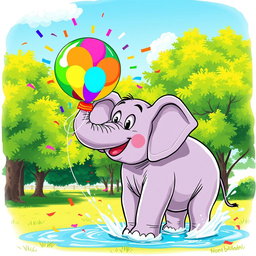 A colorful and vibrant illustration of an elephant popping a balloon with its trunk