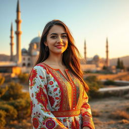 A beautiful Iranian woman in traditional attire, elegantly dressed in a colorful, intricate Persian dress adorned with rich patterns