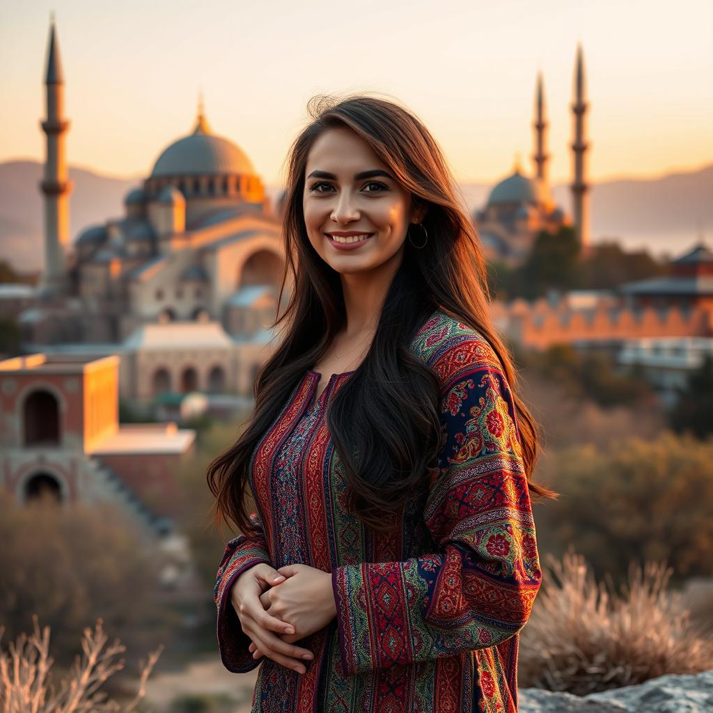 A beautiful Iranian woman in traditional attire, elegantly dressed in a colorful, intricate Persian dress adorned with rich patterns