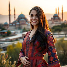 A beautiful Iranian woman in traditional attire, elegantly dressed in a colorful, intricate Persian dress adorned with rich patterns