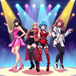 A dynamic and captivating illustration of a fictional K-pop girl group inspired by Blackpink, featuring four stylish and confident members performing on stage