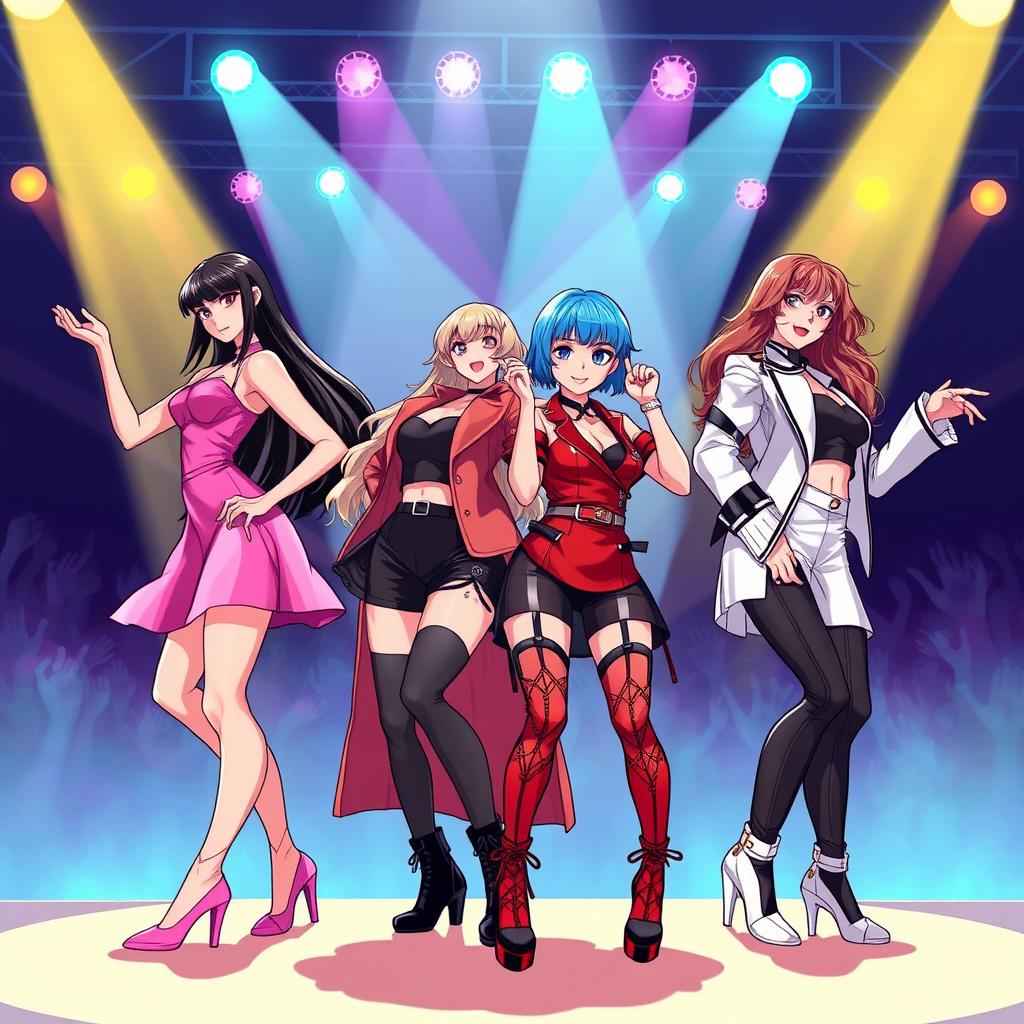 A dynamic and captivating illustration of a fictional K-pop girl group inspired by Blackpink, featuring four stylish and confident members performing on stage