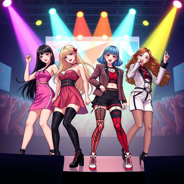 A dynamic and captivating illustration of a fictional K-pop girl group inspired by Blackpink, featuring four stylish and confident members performing on stage