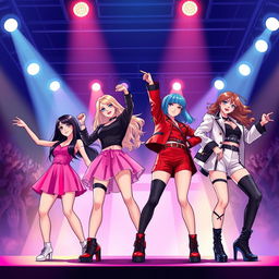 A dynamic and captivating illustration of a fictional K-pop girl group inspired by Blackpink, featuring four stylish and confident members performing on stage