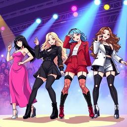A dynamic and captivating illustration of a fictional K-pop girl group inspired by Blackpink, featuring four stylish and confident members performing on stage
