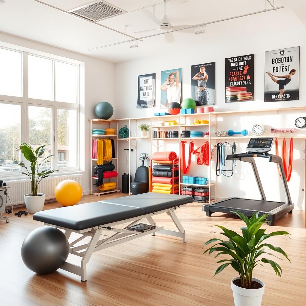 A well-organized physiotherapy room filled with various physiotherapy equipment
