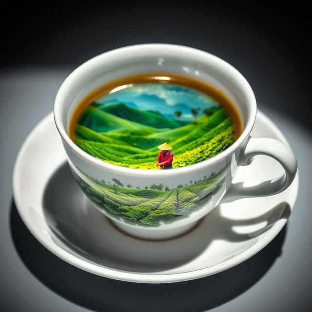 A close-up shot of a white tea cup on a saucer, featuring a beautifully detailed image of a lush tea plantation inside the cup
