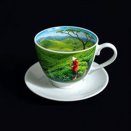 A close-up shot of a white tea cup on a saucer, featuring a beautifully detailed image of a lush tea plantation inside the cup