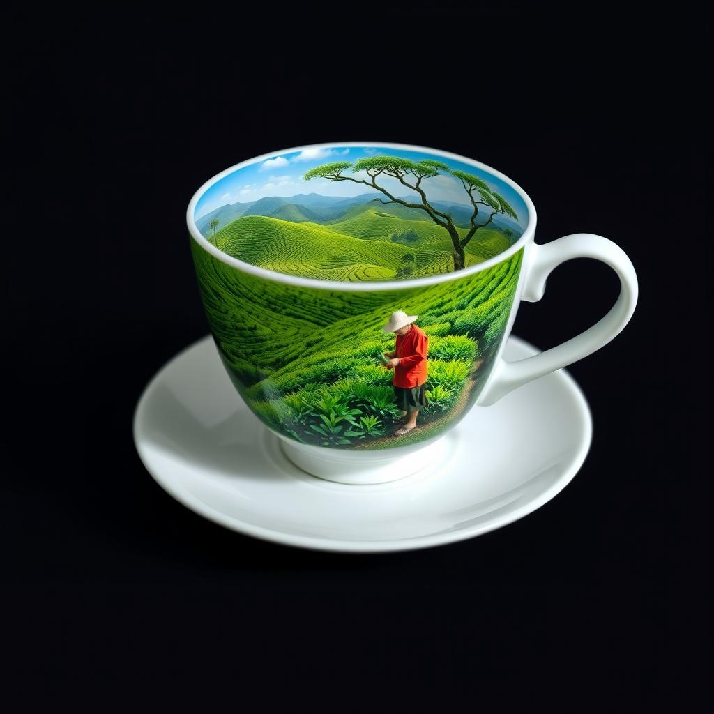 A close-up shot of a white tea cup on a saucer, featuring a beautifully detailed image of a lush tea plantation inside the cup