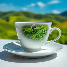 A close-up shot of a white tea cup on a saucer, featuring a beautifully detailed image of a lush tea plantation inside the cup