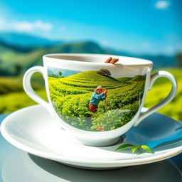 A close-up shot of a white tea cup on a saucer, featuring a beautifully detailed image of a lush tea plantation inside the cup