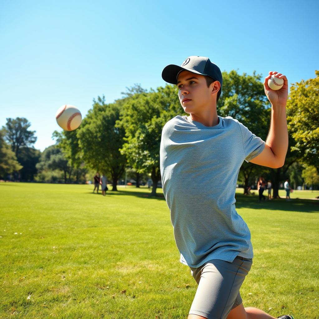 A dynamic scene of a young adult man in mid-action, throwing a baseball in a sunlit park