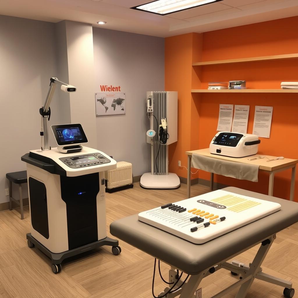 A modern physiotherapy room showcasing advanced equipment including a portable high-power laser device (Wielent), a cutting-edge stimulator device, and an electro-acupuncture machine