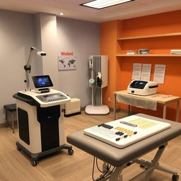 A modern physiotherapy room showcasing advanced equipment including a portable high-power laser device (Wielent), a cutting-edge stimulator device, and an electro-acupuncture machine