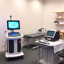 A modern physiotherapy room showcasing advanced equipment including a portable high-power laser device (Wielent), a cutting-edge stimulator device, and an electro-acupuncture machine