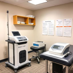 A modern physiotherapy room showcasing advanced equipment including a portable high-power laser device (Wielent), a cutting-edge stimulator device, and an electro-acupuncture machine