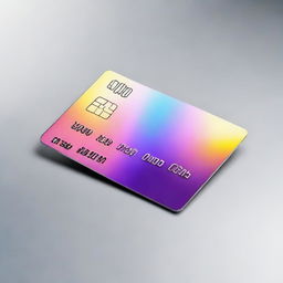 A shiny, new credit card, lying flat on a surface. The card prominently displays a chip, logo, and hologram but has blank spaces where sensitive information would typically be.