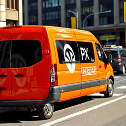 A vibrant orange blind van car, showcasing a professional logo for "SPX EXPRESS" prominently displayed on its side